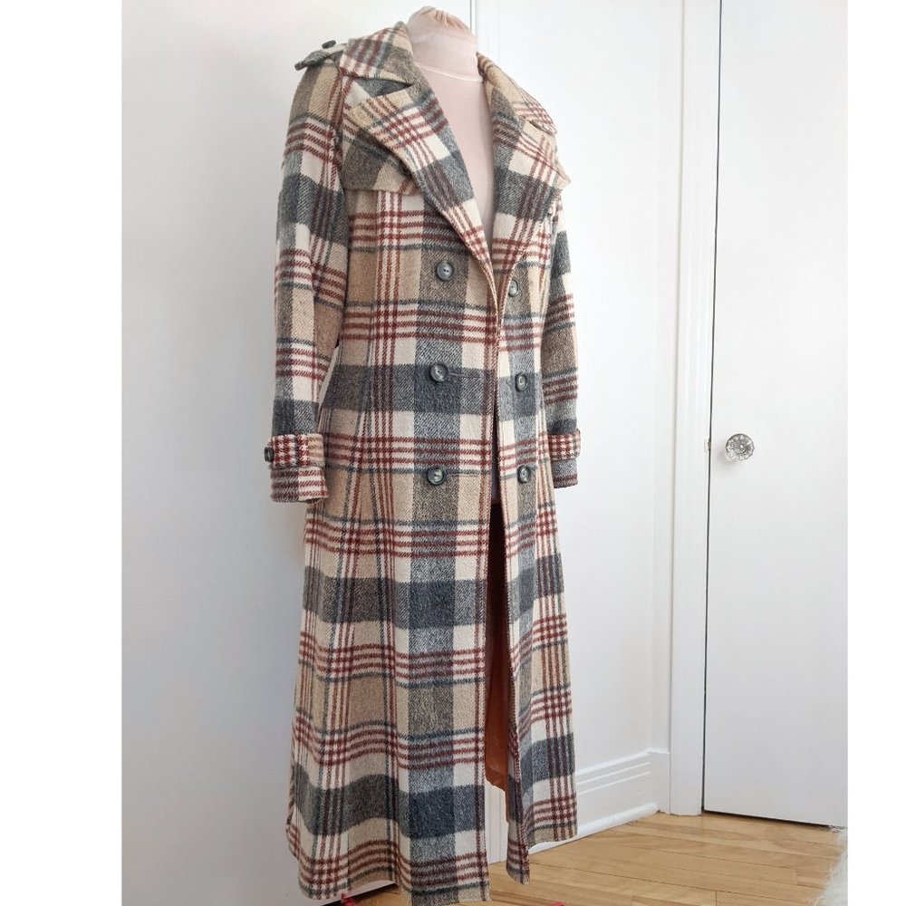 Vintage plaid maxi double breasted trench wool coat